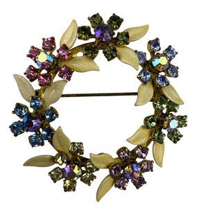 Austrian Womens Multi-Color Gold Tone Vintage Rhinestone Floral Wreath Brooch